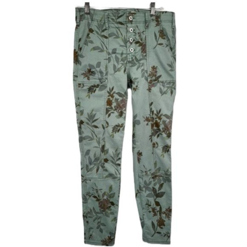 Anthropologie Womens 28 Sage Green Floral Chino Button Fly Skinny Stretch Jeans‎